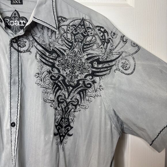 Roar 3XL Button Front Shirt Tribal Embroidered Graphic Western Style Black Gray - Picture 7 of 10